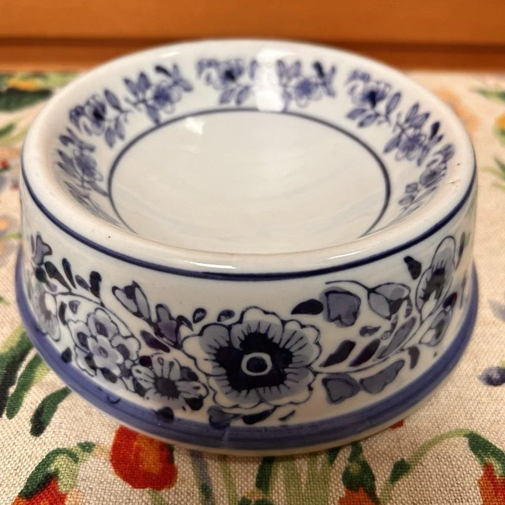 VTG Blue/White Chinoiserie Ceramic Cat Small Dog Pet Food Bowl Dish Grandma Chic